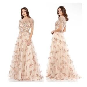NEW Mac Duggal Embellished Illusion Cap Sleeve A-Line Gown Champagne 14 #79317
